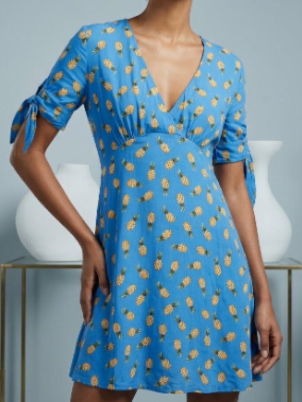 Like New! Zara Blue Pineapple Print V-Neck Mini Dress - Size S